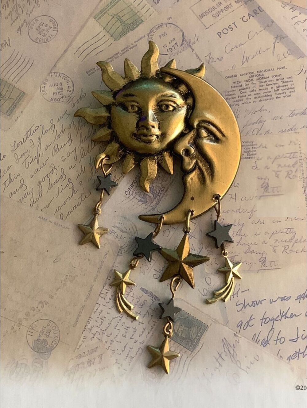 Vintage Celestial Sun, Moon, and Dangle Stars Statement Brooch Pin
